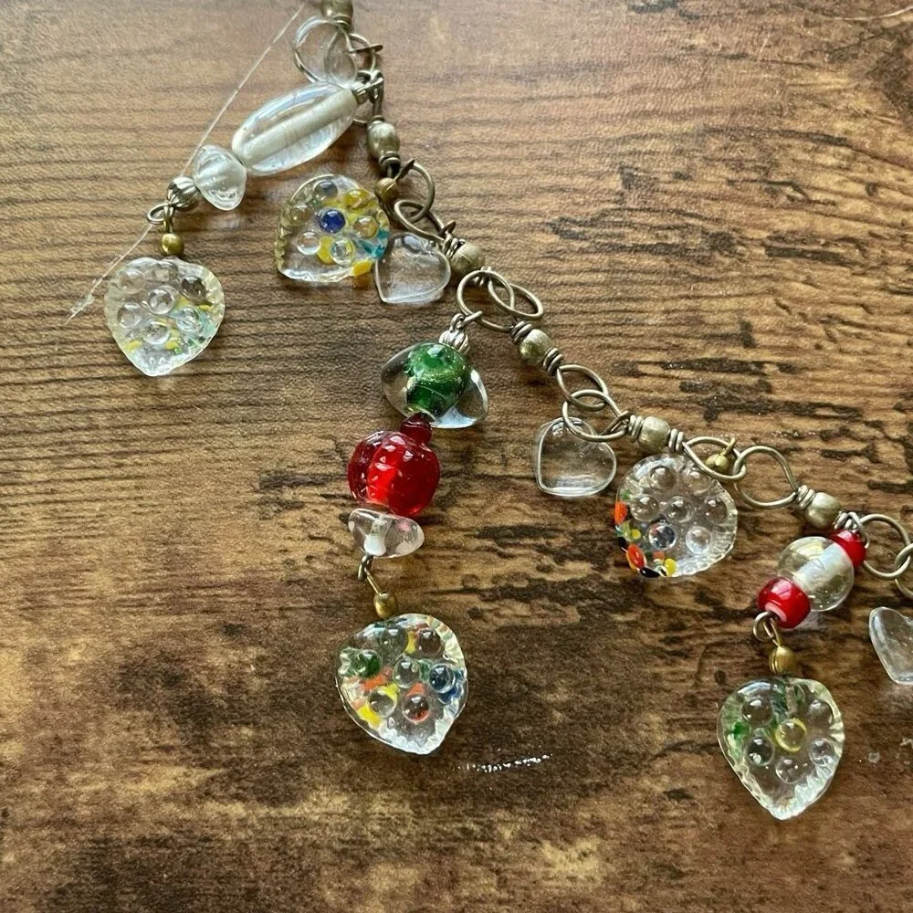 Vintage Art Glass Heart Charm Necklace Long Length 30